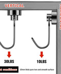 Diagram showing weight limits for hooks on steel frame, displaying 30 lbs vertically, 10 lbs horizontally, with test conditions noted.