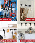 Collage of magnetic hooks for tools, coats, kitchen items, and hanging decor in home and workshop settings