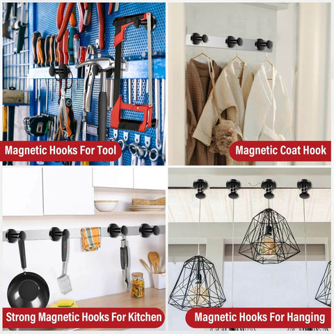 Collage of magnetic hooks for tools, coats, kitchen items, and hanging decor in home and workshop settings