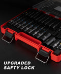 34-Piece Magnetic Impact Nut Driver Set With SAE and Metric Sizes in red storage case, showing deep impact nut drivers organized neatly.