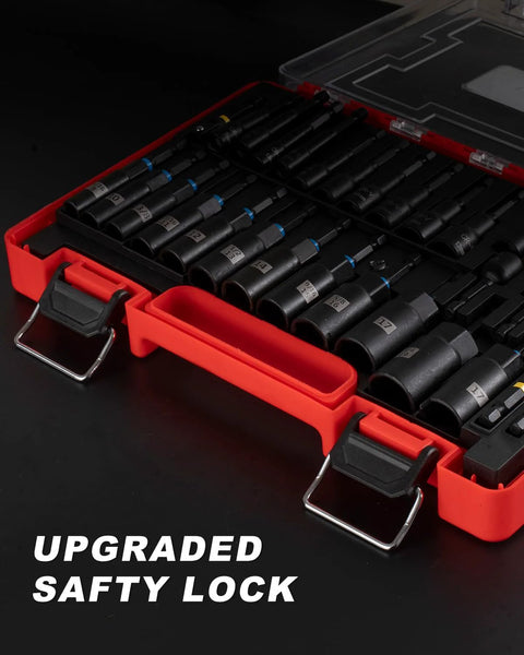 34-Piece Magnetic Impact Nut Driver Set With SAE and Metric Sizes in red storage case, showing deep impact nut drivers organized neatly.