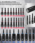 80-Piece Premium Magnetic Impact Nut Driver Set Metric And SAE with adapters, bits, and organized layout on display board