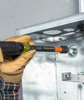 Person using a Six Piece SAE Magnetic Impact Nut Setter Set With Color Coded Power Nut Drivers And Extended Reach For Heavy Duty Fastening Includes 1/4 5/16 3/8 7/16 1/2 9/16 Inch Sizes Rare Earth Magnets For One Hand Driving Klein Tools 32930 on a metal panel.