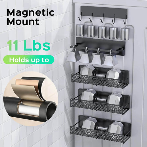 5-Pack Magnetic Shelves for Laundry Room Organization installed on a wall, featuring spice rack, utensil hooks, and strong magnet hold.