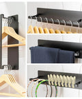 5-Pack Magnetic Shelves for Laundry Room Organization with hangers, towel, and utensil hooks on steel surface, no drill installation