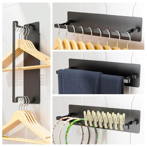 5-Pack Magnetic Shelves for Laundry Room Organization with hangers, towel, and utensil hooks on steel surface, no drill installation