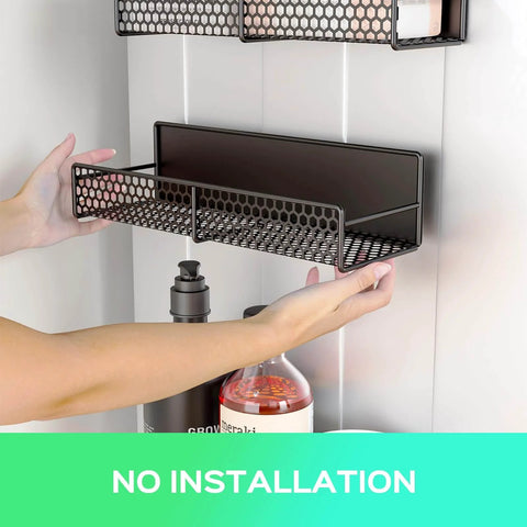 Installing 5-Pack Magnetic Shelves for Laundry Room Organization, featuring spice rack, strong hold on refrigerator, no drill setup