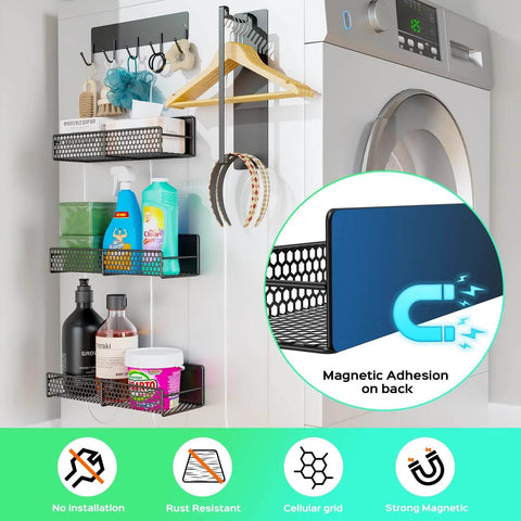 5-Pack Magnetic Shelves for Laundry Room Organization on washing machine, includes spice rack, utensil hooks, no drill installation