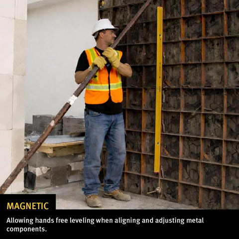 Construction worker with a Stabila Type 96M 72 Inch Magnetic Level delivers pro grade framing accuracy at 0.029 degrees on a wall.