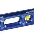 Compact magnetic torpedo level with an 8.5 inch CNC aluminum body, four vials, and strong rare earth magnets, side view