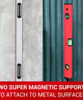18 Inch Magnetic Level With 180 Degree 90 Degree And 45 Degree Bubbles Aluminum Body Shock Resistant Level Tool With Overhead Viewing For Comfortable Readings On Metal And Wood Surfaces Ideal For Quick Accurate Measurements And Easy Reading From Above attached to wall