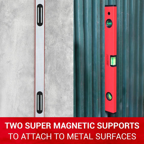 18 Inch Magnetic Level With 180 Degree 90 Degree And 45 Degree Bubbles Aluminum Body Shock Resistant Level Tool With Overhead Viewing For Comfortable Readings On Metal And Wood Surfaces Ideal For Quick Accurate Measurements And Easy Reading From Above attached to wall