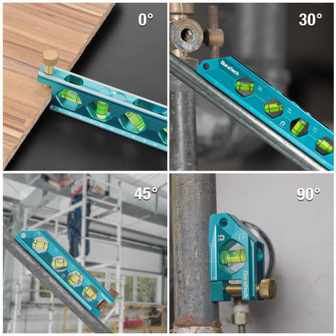 Three Piece Magnetic Level Tool Set With 2.5 Inch, 6.25 Inch And 8 Inch Levels in use at various angles on round stock