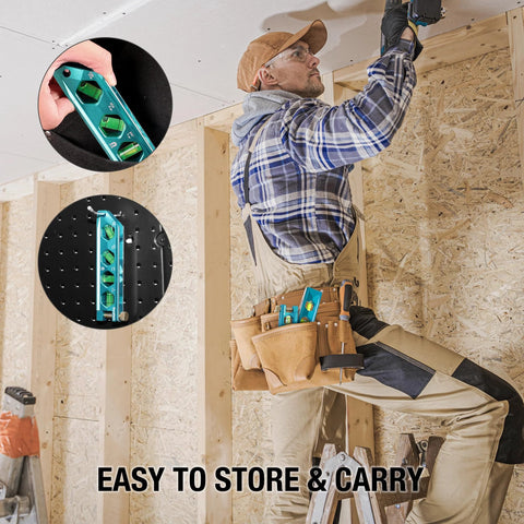 Three Piece Magnetic Level Tool Set With 2.5 Inch, 6.25 Inch And 8 Inch Levels, High Visibility Vials shown in use and storage