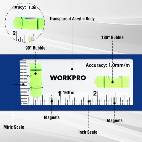 Compact magnetic 3 inch mini level with two bubbles provides hands free alignment on metal surfaces, showing 90° and 180° cross checks.
