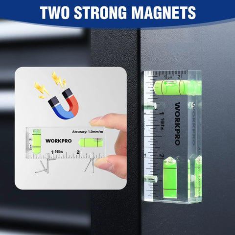 Compact magnetic 3 inch mini level with two bubbles provides hands free alignment on metal surfaces, featuring 90° and 180°