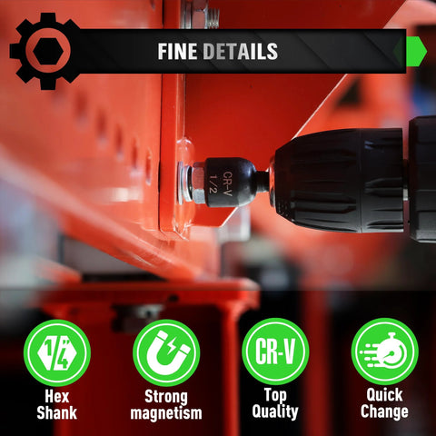 Close-up of nut driver from 20 Piece Magnetic Nut Driver Set With Metric And SAE Sizes, attached to drill, showcasing hex shank and magnet.