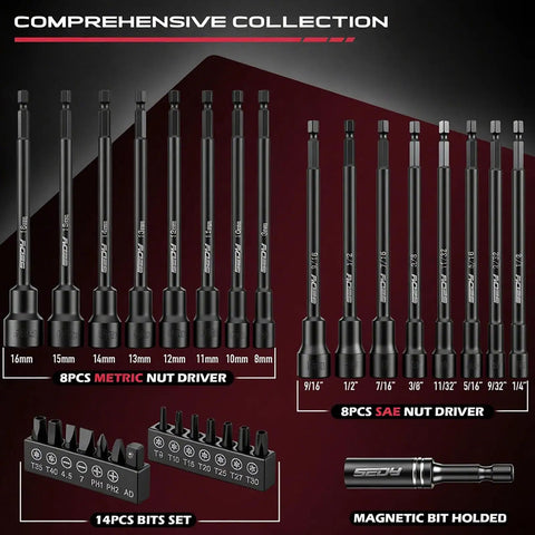 Impact Nut Driver Bit Set, 31-Piece Magnetic Socket Kit with extra long hex nut setter and driver holder, front view