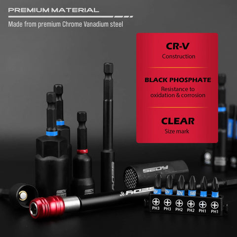 Close-up of 80-Piece Premium Magnetic Impact Nut Driver Set Metric And SAE with socket adapters, bit holder, showing CR-V steel.