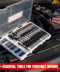 80-Piece Premium Magnetic Impact Nut Driver Set Metric And SAE With Socket Adapters in open case on car engine