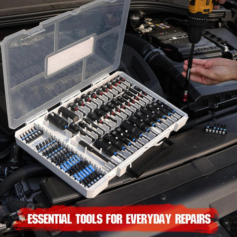 80-Piece Premium Magnetic Impact Nut Driver Set Metric And SAE With Socket Adapters in open case on car engine