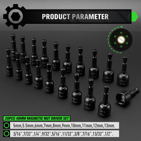 20 Piece Magnetic Nut Driver Set With Metric And SAE Sizes, quarter inch hex shank, displayed with various sizes in front view.