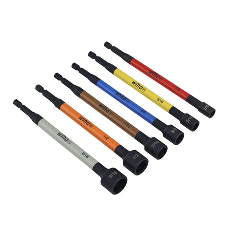 Premium Magnetic Nut Setter Set For Impact Drivers Wiha 6 Piece SAE Color Coded 1 Quarter Inch Hex Drive 700 Inch Pounds Maximum Torque