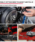 4 Piece Telescoping Magnetic Pickup Tool Set For Garages And Workshops Featuring A 31 Inch Telescoping Magnet Stick With 15 Lb Lift A 25 Inch Pen Style Magnetic Pickup Tool With Pocket Clip A 20 Inch Bendable Spring Magnet Stick And A Magnetic Parts Tray in use, retrieving metal parts in a garage setting.