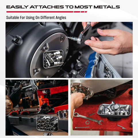 4 Piece Telescoping Magnetic Pickup Tool Set For Garages And Workshops Featuring A 31 Inch Telescoping Magnet Stick With 15 Lb Lift A 25 Inch Pen Style Magnetic Pickup Tool With Pocket Clip A 20 Inch Bendable Spring Magnet Stick And A Magnetic Parts Tray in use, retrieving metal parts in a garage setting.