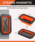 Four piece telescoping magnetic pickup tool set includes a 3x3 inch magnetic parts tray attached to metal surface with screws.