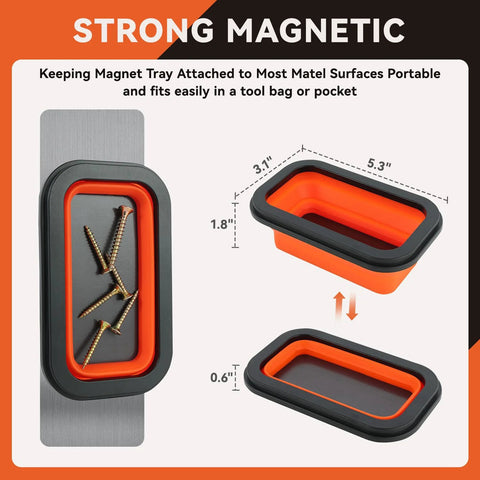 Four piece telescoping magnetic pickup tool set includes a 3x3 inch magnetic parts tray attached to metal surface with screws.