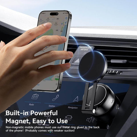 Magnetic Phone Holder With Vacuum Grip Technology And 360 Degree Rotation Tri Axis Adjustable Mag Grip N Go in car dashboard