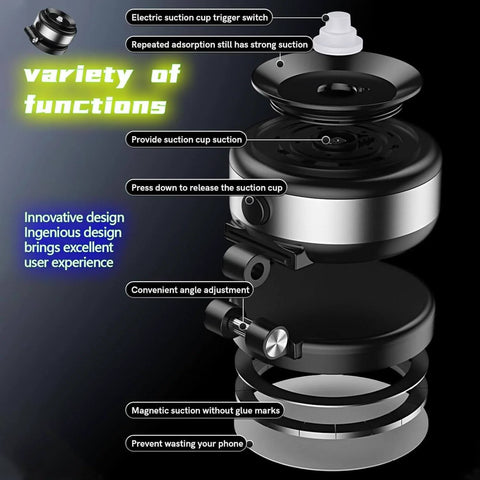 Exploded view of Magnetic Phone Holder With Vacuum Grip Technology And 360 Degree Rotation Tri Axis Adjustable Mag Grip N Go