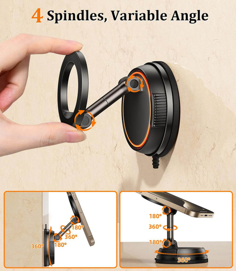 Magnetic Phone Mount With Vacuum Suction Cup For Shower Mirror Car Dashboard And Gym Use Hands Free Magnetic Holder For MagSafe IPhone 16 15 14 13 12 Series Delivers Firm Adsorption And Quick Release For Safe On The Go No Fuss Setup with adjustable 4 spindles and variable angle.
