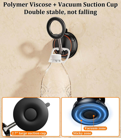 Magnetic Phone Mount With Vacuum Suction Cup For Shower Mirror Car Dashboard And Gym Use showing suction details and bottle holding