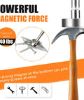 Close-up of telescoping magnetic pickup tool with wooden handle, showing strong magnetic force, powerful enough to pull 40lbs.