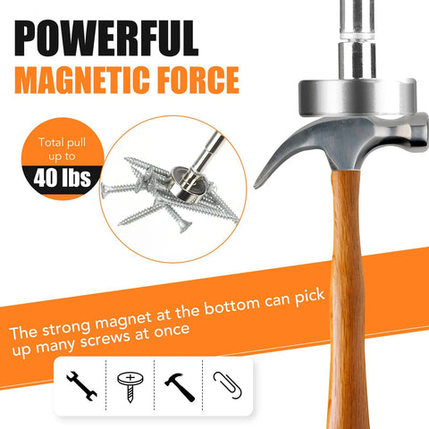 Close-up of telescoping magnetic pickup tool with wooden handle, showing strong magnetic force, powerful enough to pull 40lbs.