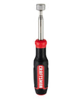Front view of a magnetic pickup tool with black and red handle, extends from 6.25 to 24 inches, used to grab dropped fasteners.