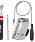 4 Piece Telescoping Magnetic Pickup Tool Set For Garages And Workshops Featuring A 31 Inch Telescoping Magnet Stick With 15 Lb Lift A 25 Inch Pen Style Magnetic Pickup Tool With Pocket Clip A 20 Inch Bendable Spring Magnet Stick And A Magnetic Parts Tray in silver and black color