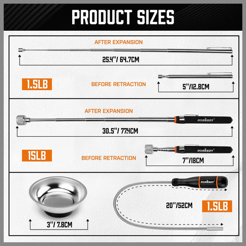 Effortlessly retrieve metal parts from tight spots, under machines, and around the shop with this 4 piece telescoping magnetic pickup tool set.
