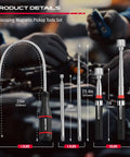 Image showing six piece telescoping magnetic pickup tools set with extendable stick, pen tool, bendable magnet, and trays in use.