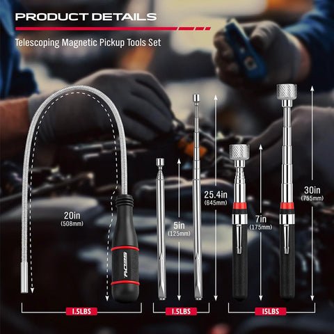 Image showing six piece telescoping magnetic pickup tools set with extendable stick, pen tool, bendable magnet, and trays in use.