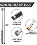 Five Piece Telescoping Magnetic Pickup Set with Rustproof Tray Delivers Strong Neodymium Pull, shown with extension rod and pocket clip