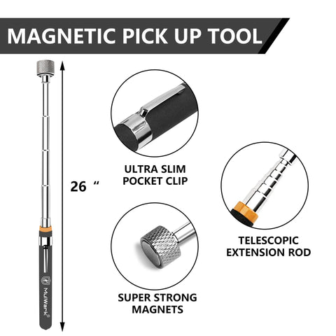 Five Piece Telescoping Magnetic Pickup Set with Rustproof Tray Delivers Strong Neodymium Pull, shown with extension rod and pocket clip