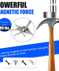 Hammer with powerful magnetic force lifting screws, labeled with 80 lbs total pull capability and wooden handle in side view.