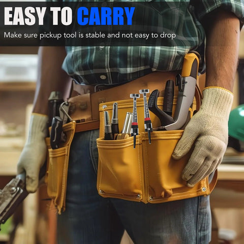 Man wearing tool belt with two pack telescoping magnetic pickup tools reach 7 to 30 inches with a 40 lb pull visible.