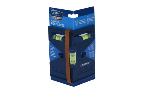 Hands Free Magnetic Post Level With Elastic Strap For Fence Posts Poles And More, Ideal For Installing Posts On Metal Surfaces Using Built In Magnetic Strips, Century Drill And Tool in retail package, front view.