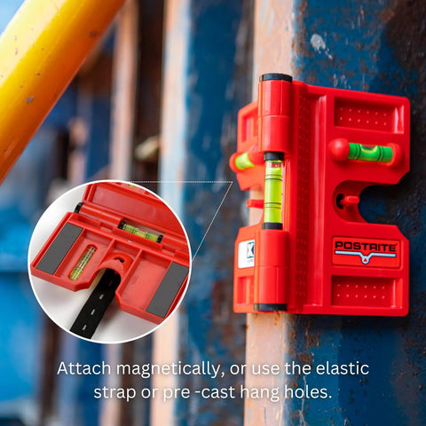 Effortlessly align posts and pipes with the 340 Postrite adjustable folding post level, magnetic, attached to metal surface.