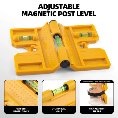 Magnetic Post Level Pro Grade With 270 Degree Adjustable Folding Design, Three Vials For Accurate Readings, Elastic Loop