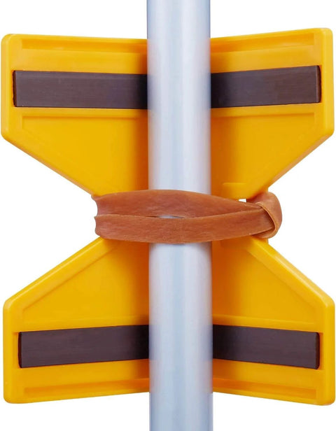 Pro Grade Magnetic Post Level 2 Pack For Leveling And Plumb Posts Railings Decks And Water Pipes With Strip Magnets And Rubber Strap For Hands Free Use Durable High Impact Composite Yellow attached to metal pole